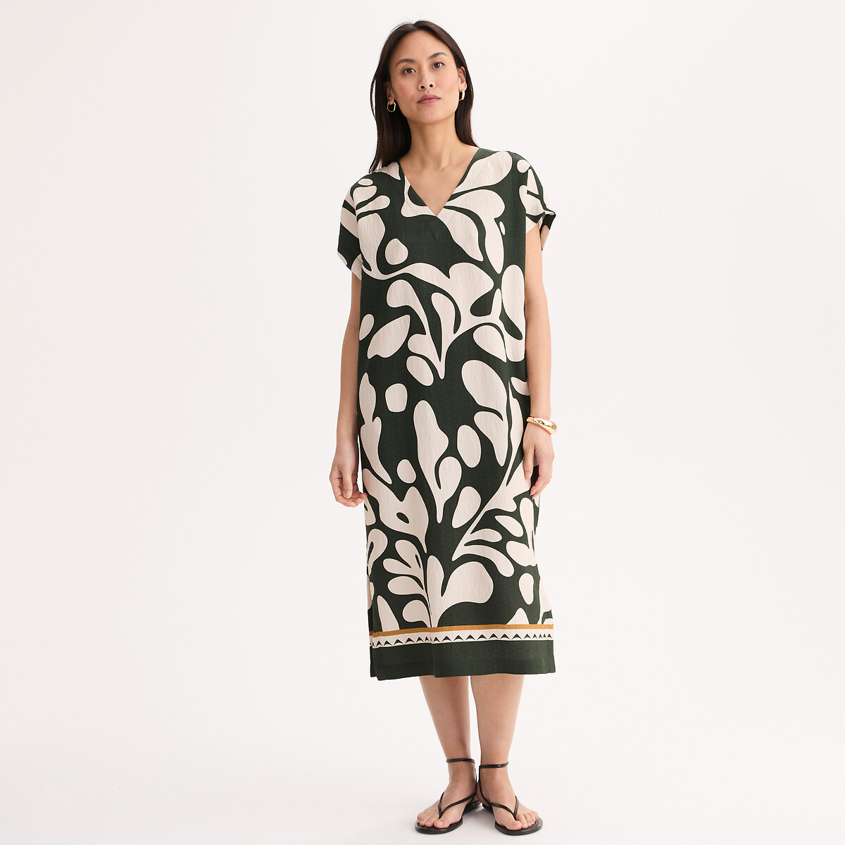 Vestido de comprimento midi com estampado gráfico e mangas curtas estampado verde, ANNE WEYBURN