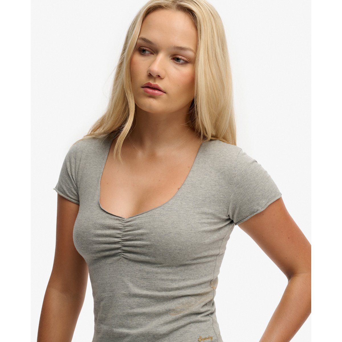 Top Manches Courtes Froncé Athletic Essentials gris chiné, SUPERDRY