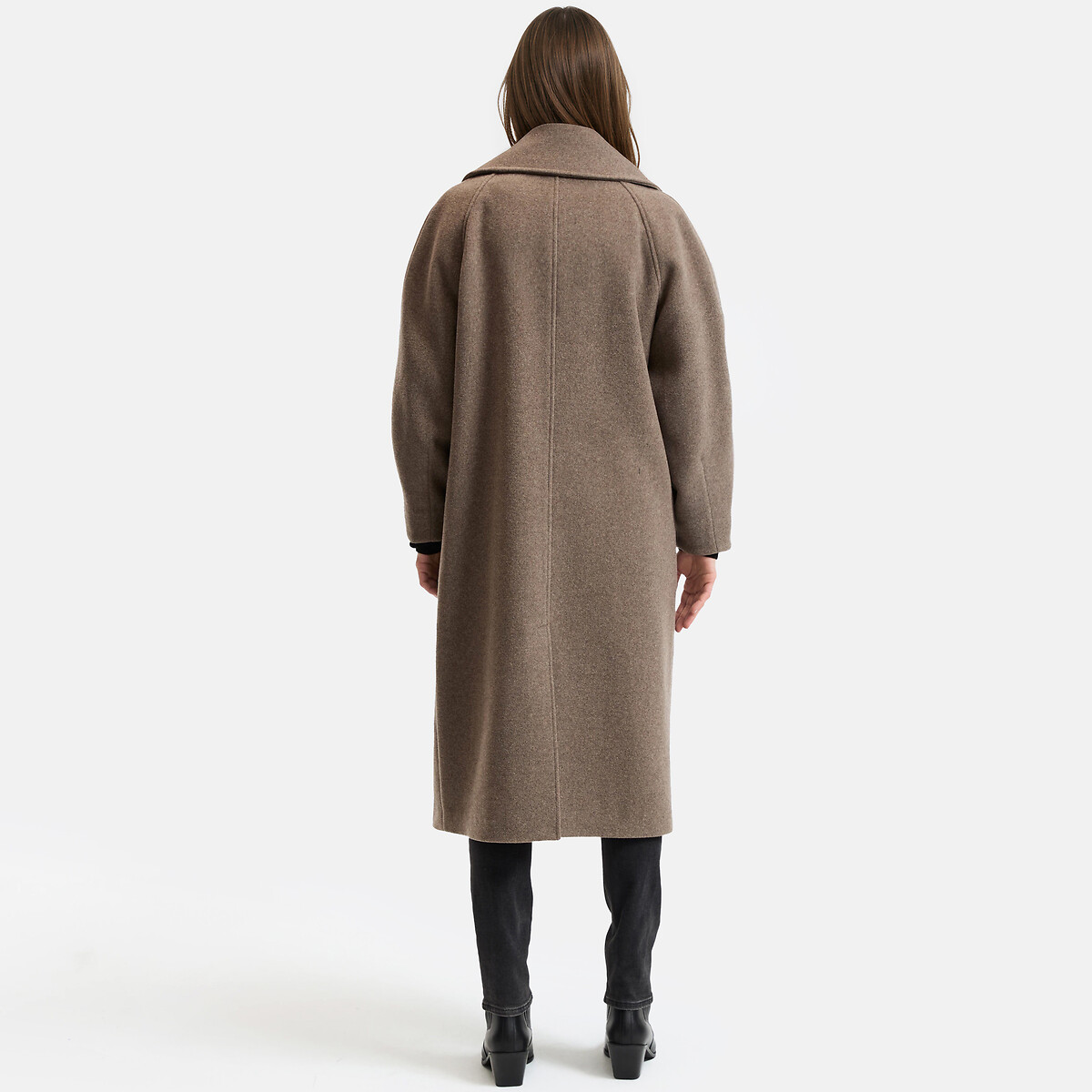 Wool Blend Long Coat with Asymmetric Fastening taupe brown, LA REDOUTE COLLECTIONS