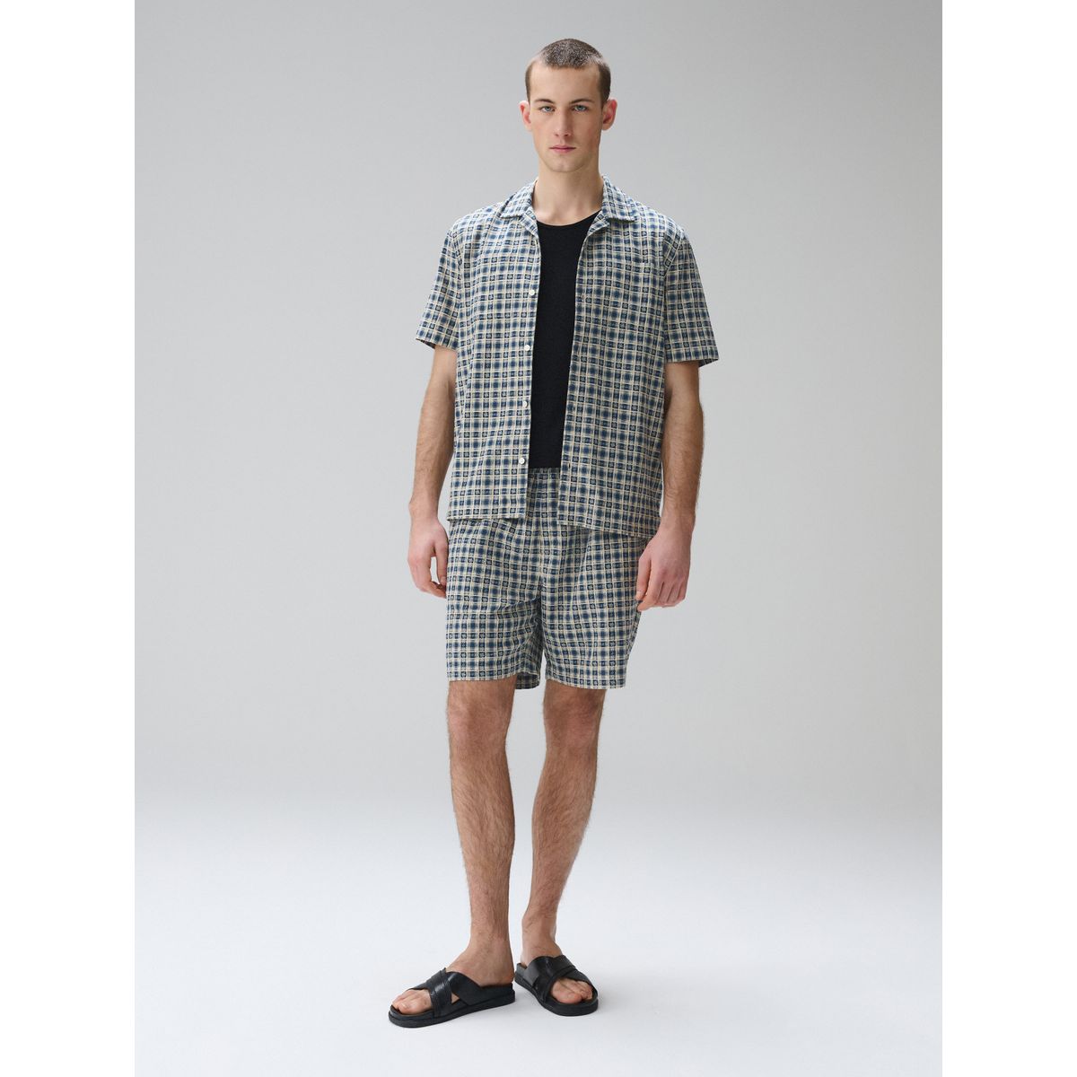 Short à carreaux texturés et cordon bleu marine/écru, NEXT