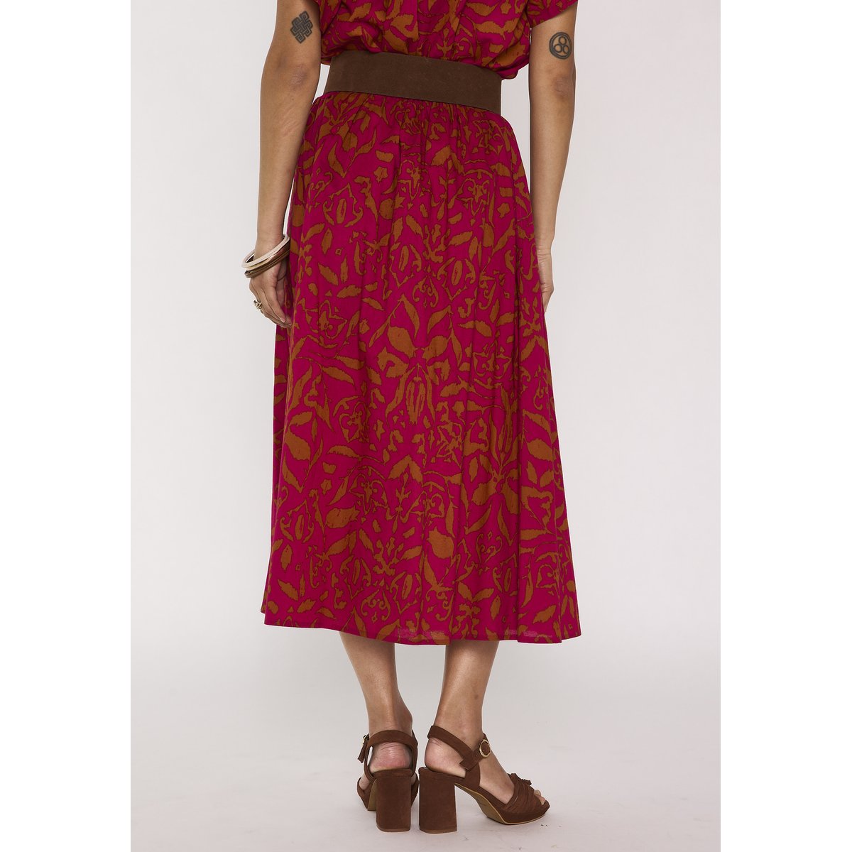 Jupe midi fluide imprimée en coton BRUNE fuchsia, Maison 123
