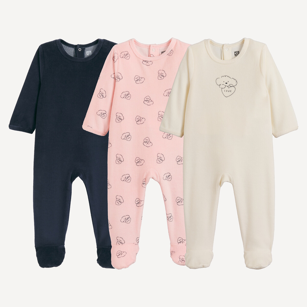 Lot de 3 pyjamas 1 pièce, en velours, motifs coeur et chien marine + rose + écru, LA REDOUTE COLLECTIONS