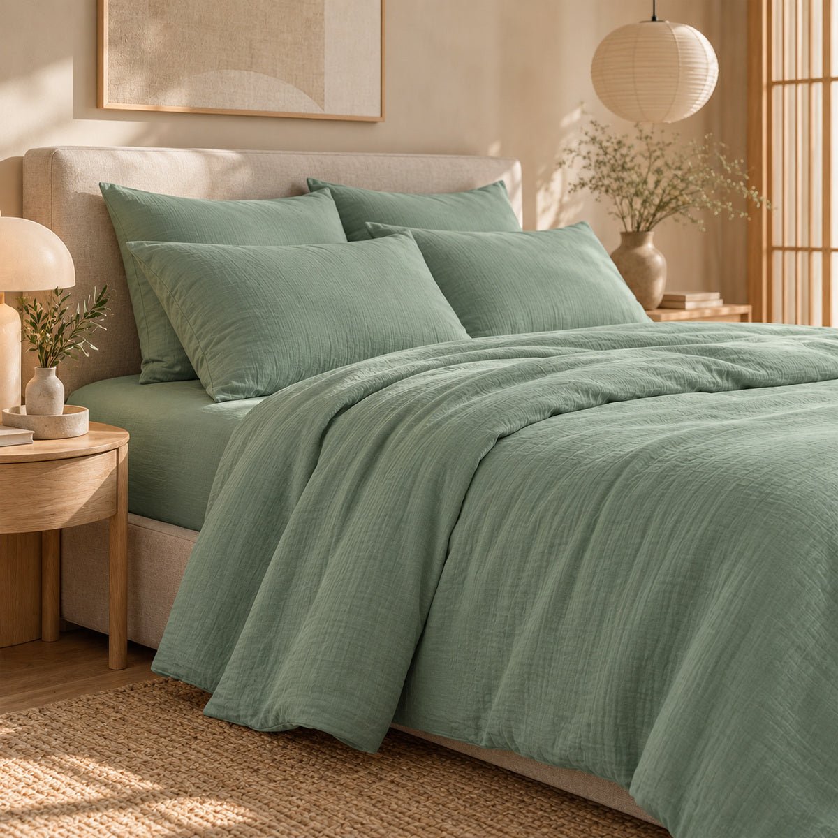 Parure + taies 65x65 gaze de coton ALMA Made in Europe vert céladon, FEBRONIE