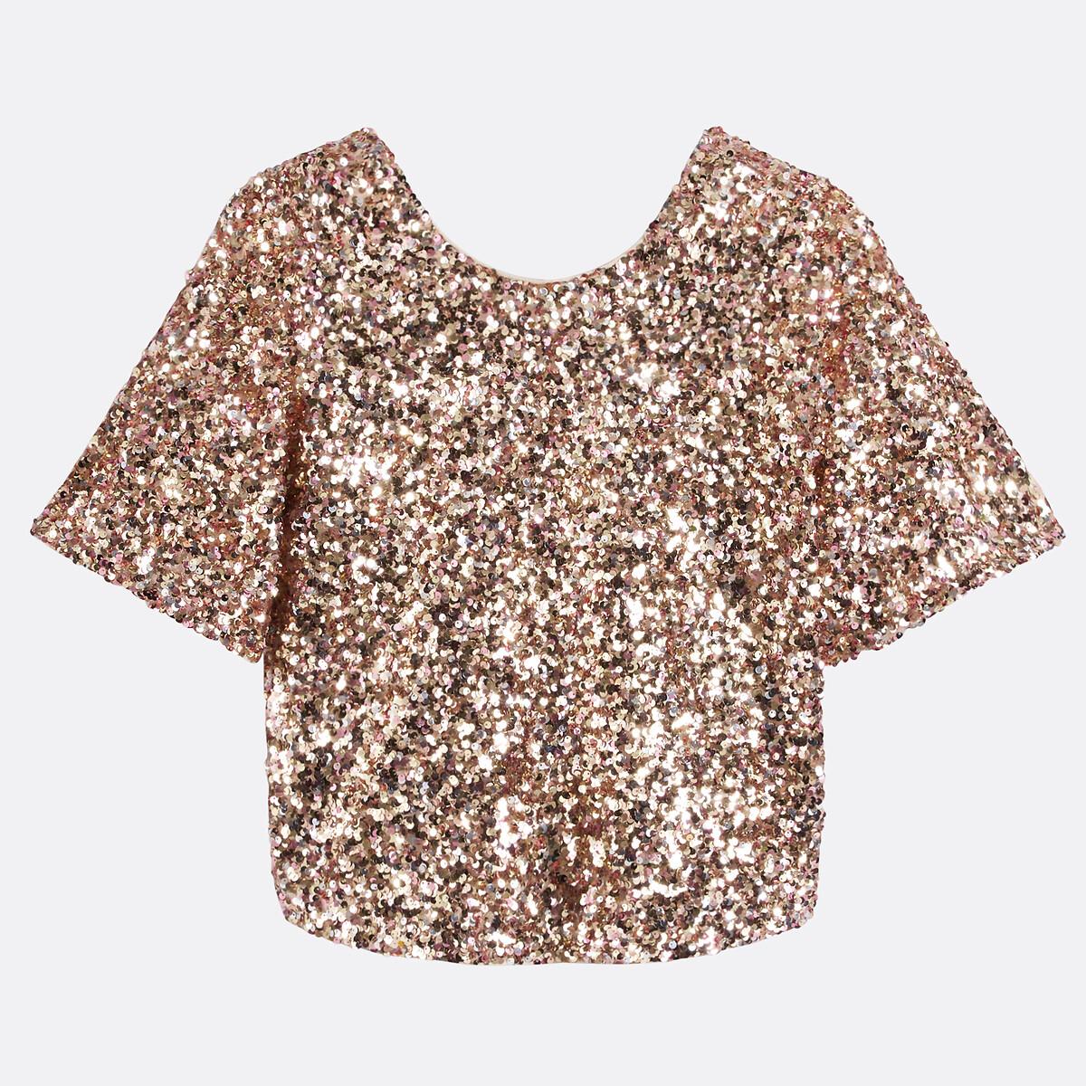 Sequin Short Sleeve Top with Crew Neck rose gold, LA REDOUTE COLLECTIONS