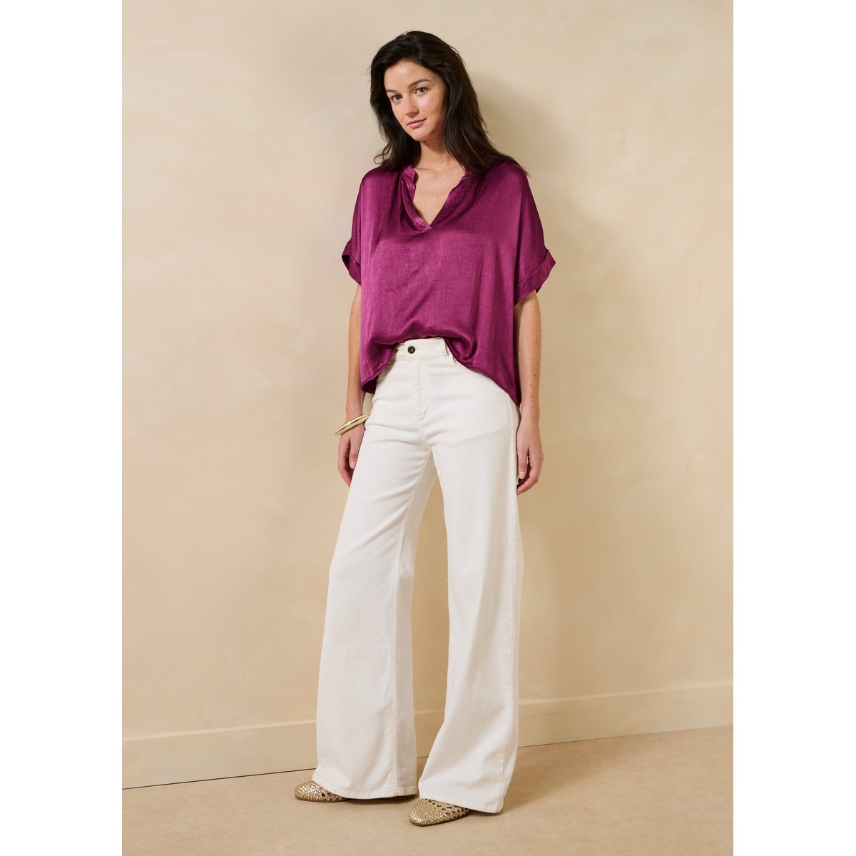 Top manches courtes en satin encolure tunisienne purple velvet, LA FEE MARABOUTEE