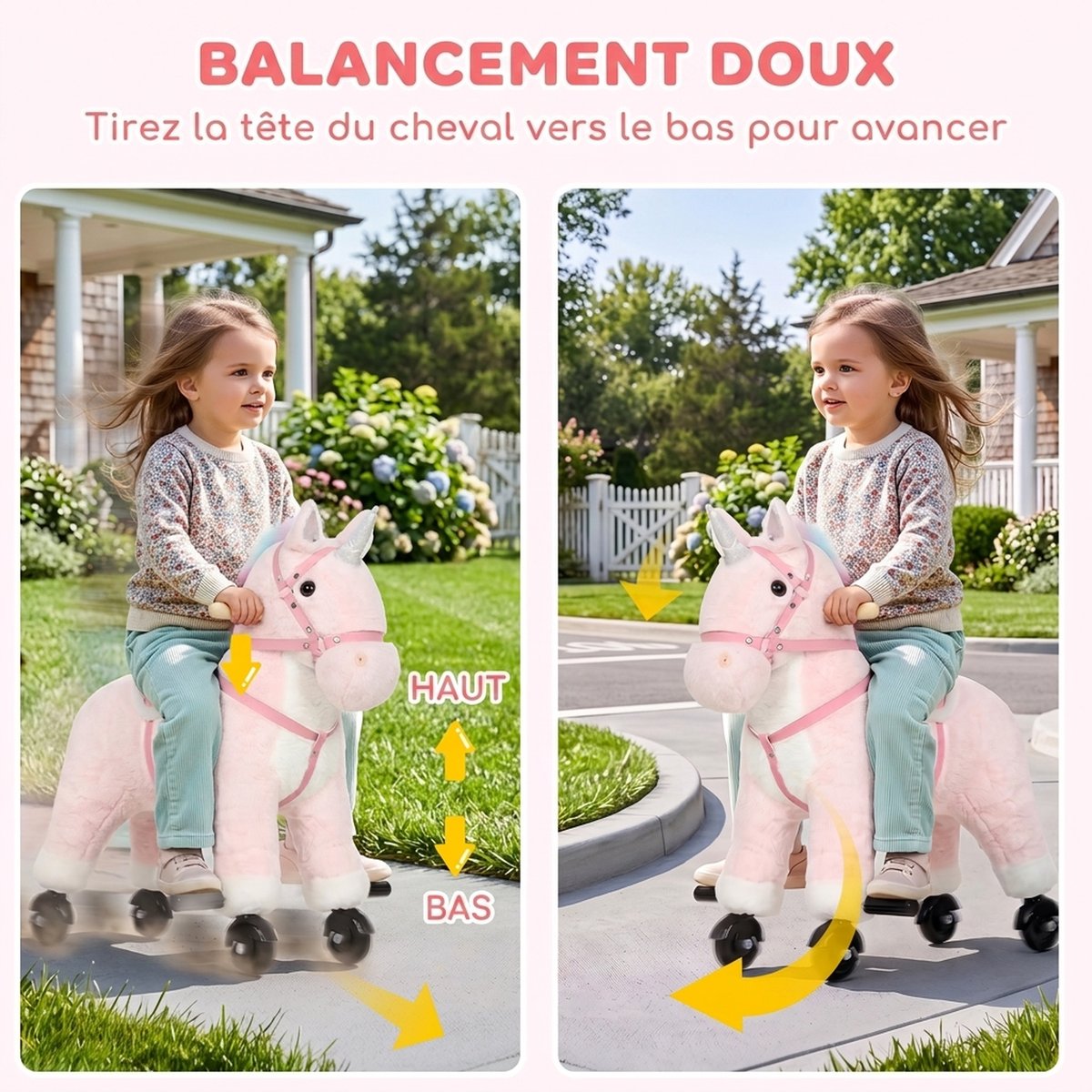 Cheval à bascule pour enfants Peluche rose, crinière multicolore, AIYAPLAY