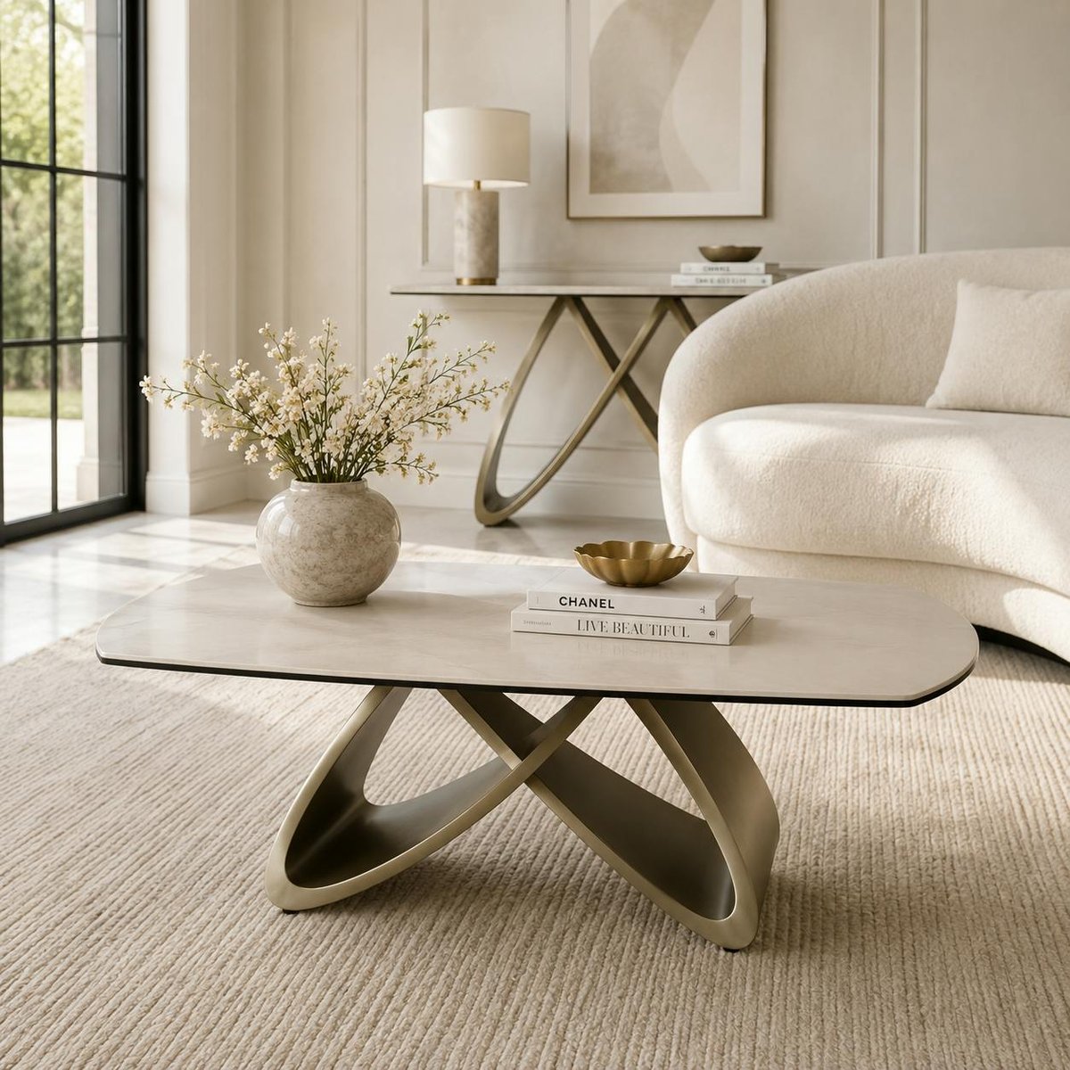 Table basse céramique brillante et pied graphique SYRA beige, PIER IMPORT