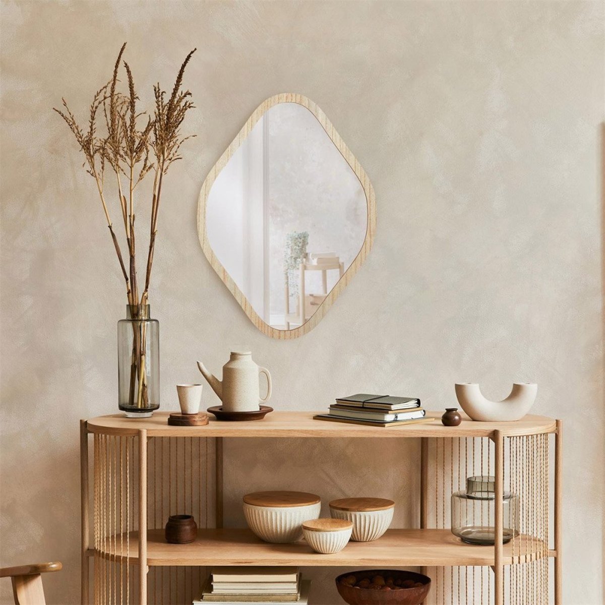 Miroir contour bois losange Elio H60 beige, DECORATIE