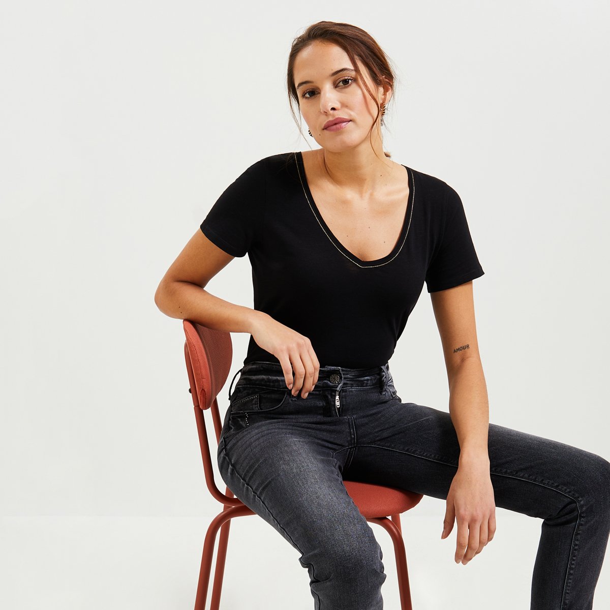 T-shirt col V noir, GRAIN DE MALICE