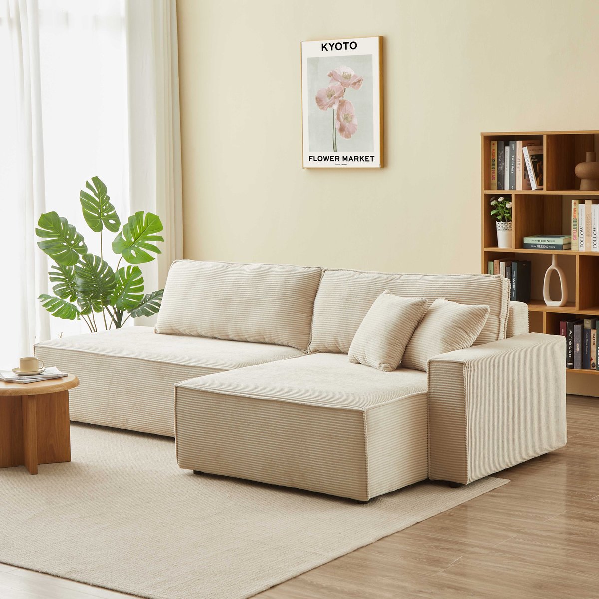 Canapé d'angle droit convertible velours ZOLA beige, BAÏTA