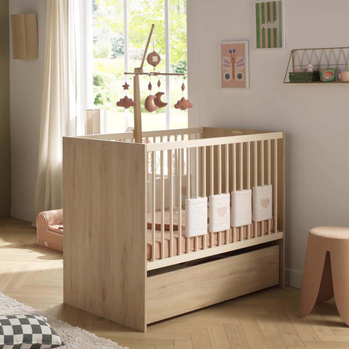 Chambre bébé duo: Lit bébé 60x120 évolutif et commode à langer 2 portes décor bois hêtre marron, SAUTHON