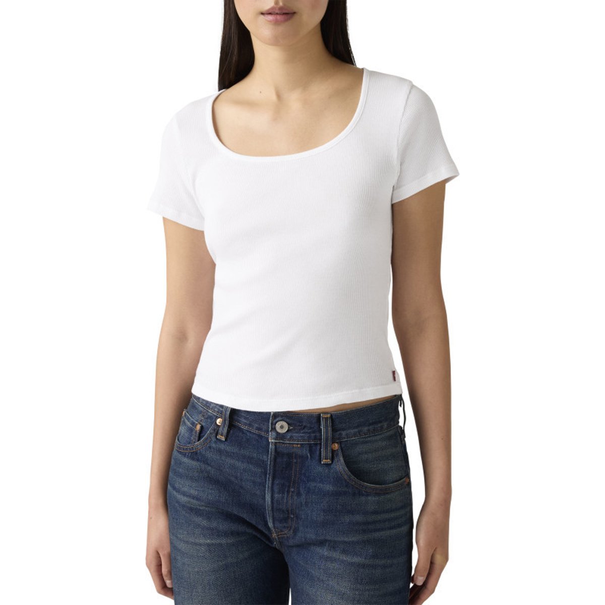 T-shirt en coton blanc uni avec une coupe droite et un col carré blanc, LEVI'S