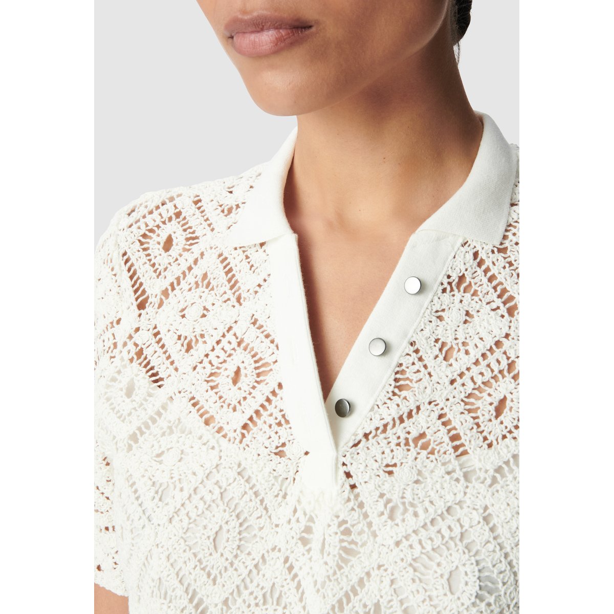 Top tricot crochet col polo ecru, IKKS