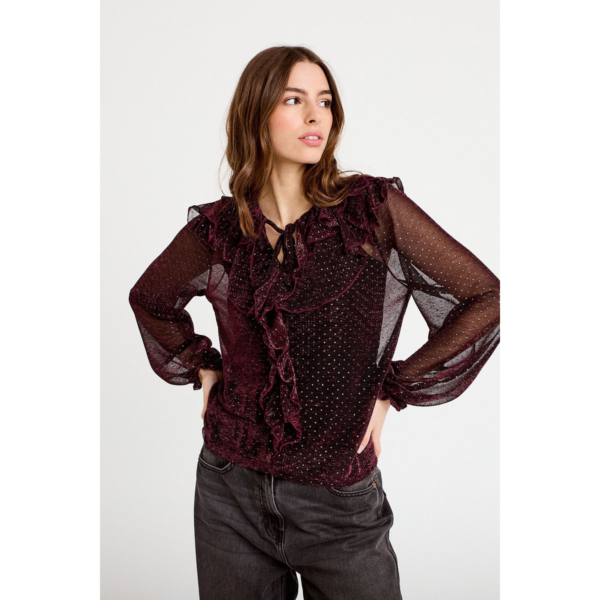 Blouse voile transparent pailleté violet foncé, CACHE CACHE