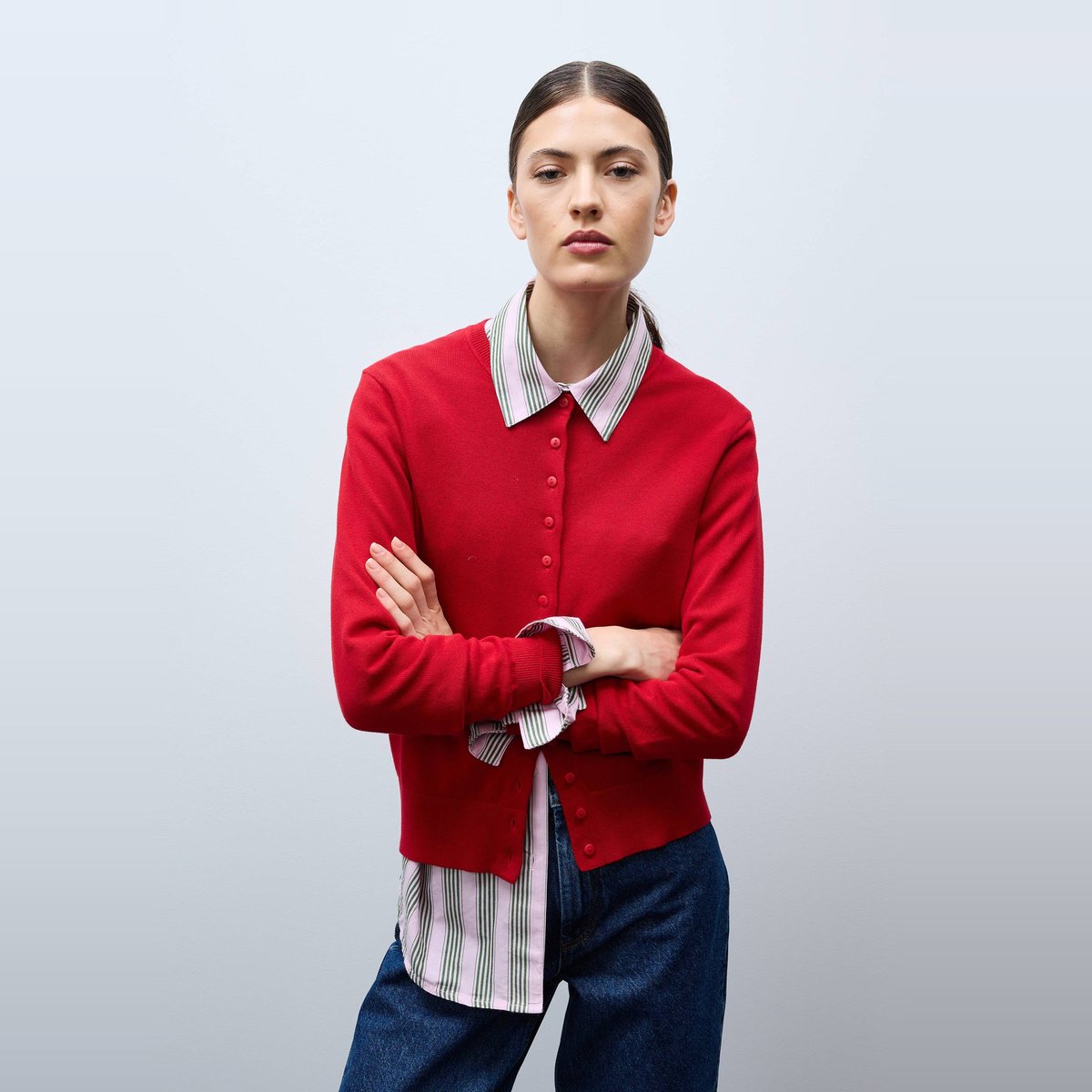 Cardigan en coton en fine maille goyave, MONOPRIX