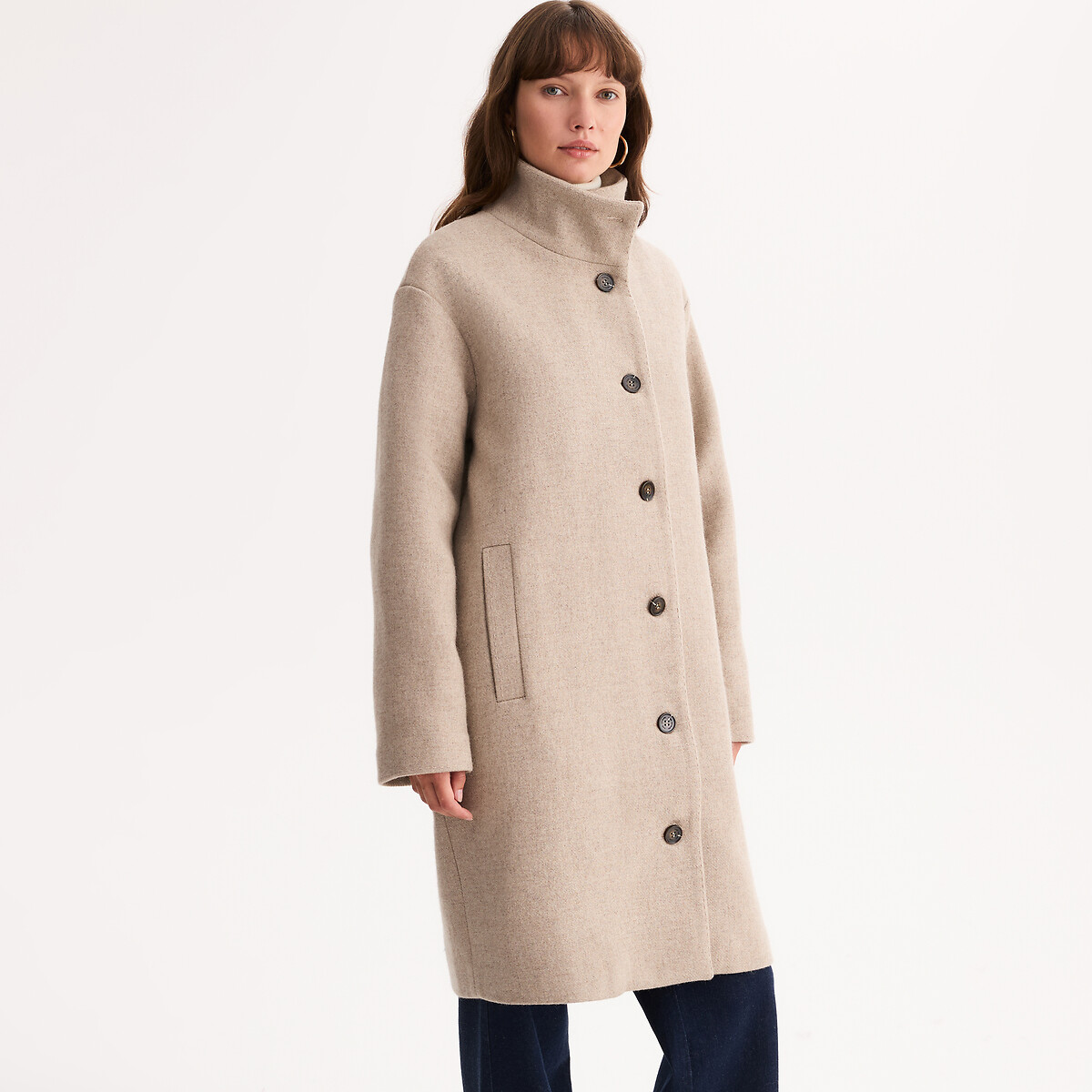 Manteau long, col montant, fermeture boutonnée beige chiné, ANNE WEYBURN