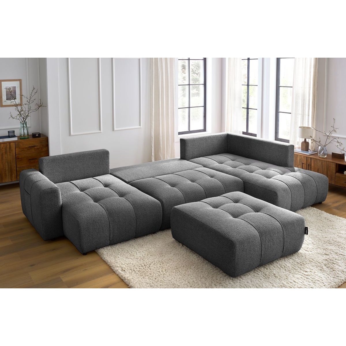 Canapé panoramique convertible 6 places en tissu chiné avec pouf, ARSENE gris foncé, BOBOCHIC