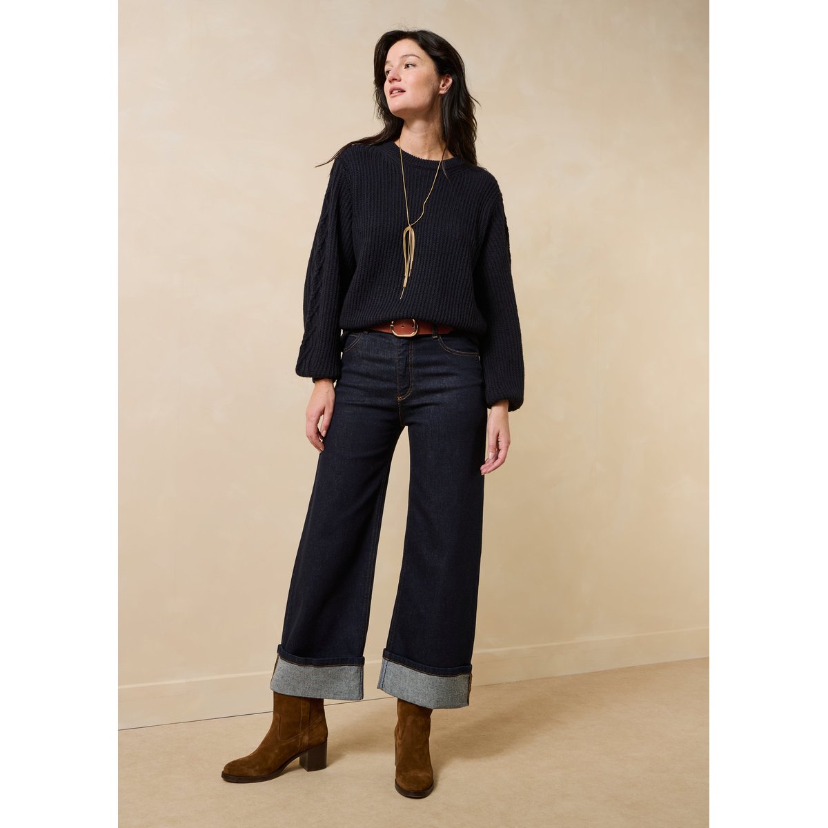 Pull manches longues col rond marine, LA FEE MARABOUTEE