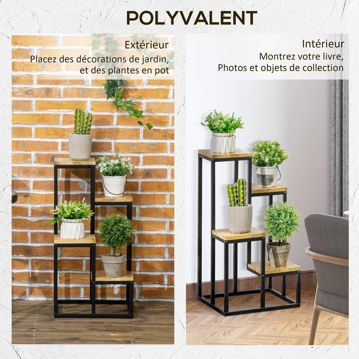 Stand de fleurs Métal Bois naturel beige, OUTSUNNY