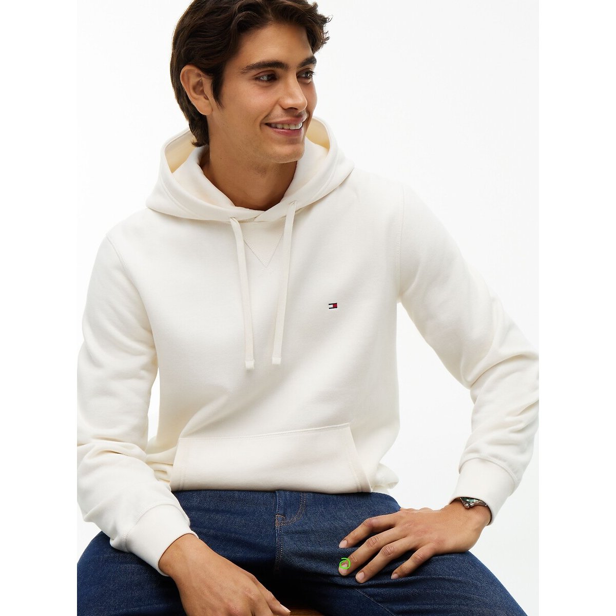 Sweat com moletão e bandeira bordada marfim, TOMMY HILFIGER