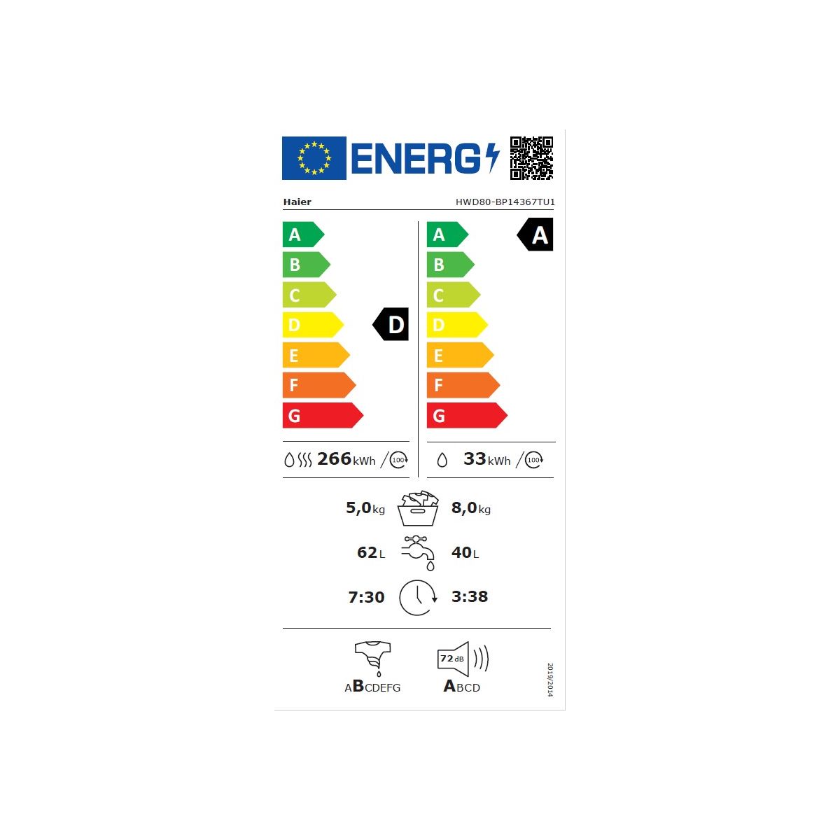 Lave linge séchant hublot HWD80BP14367TUFR couleur unique, HAIER