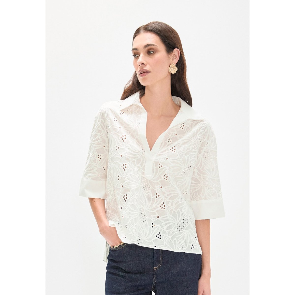 Blouse en broderie anglaise à manches courtes blanc, LOLA CASADEMUNT