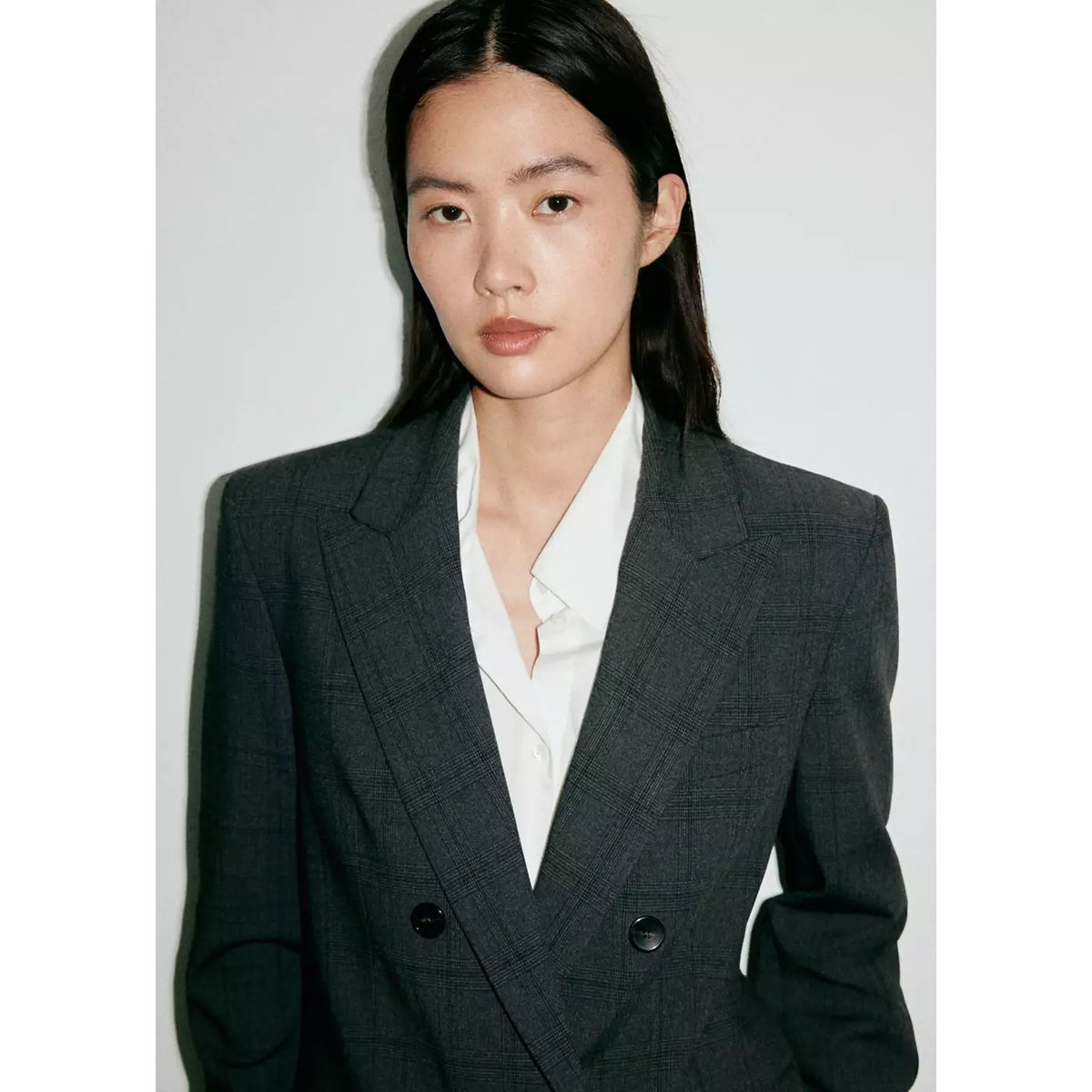 Blazer costume à carreaux double boutonnage gris, MANGO