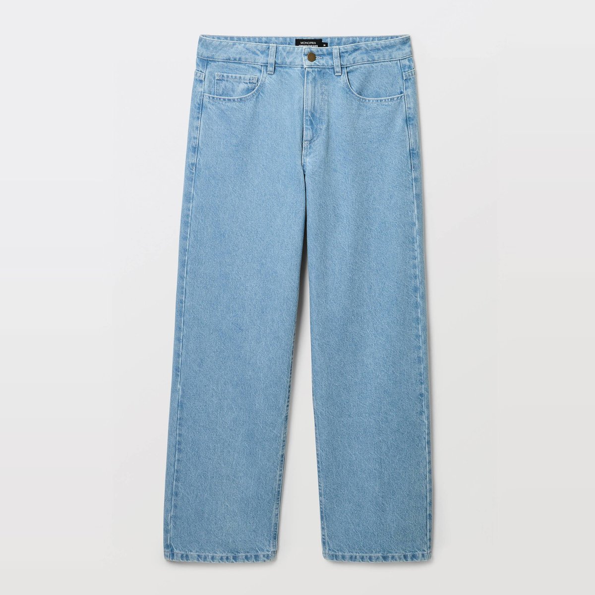 Jean droit élargi taille descendue bleach denim, MONOPRIX