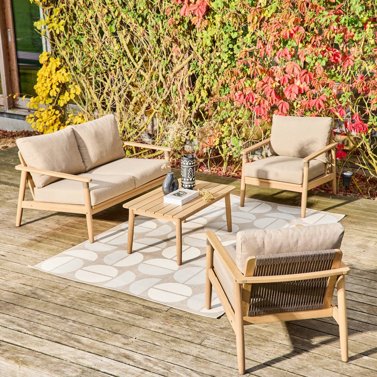 Salon de jardin bois d'acacia et cordes 4 places LAZULI naturel, SWEEEK