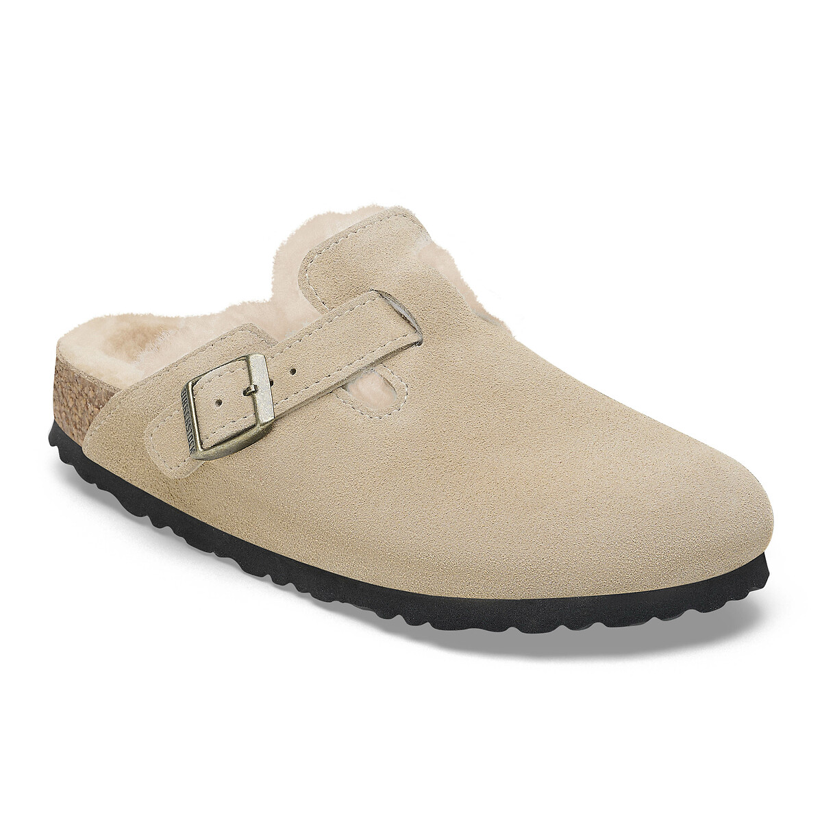 Sabots fourrés en cuir suédé Boston Sherling taupe, BIRKENSTOCK