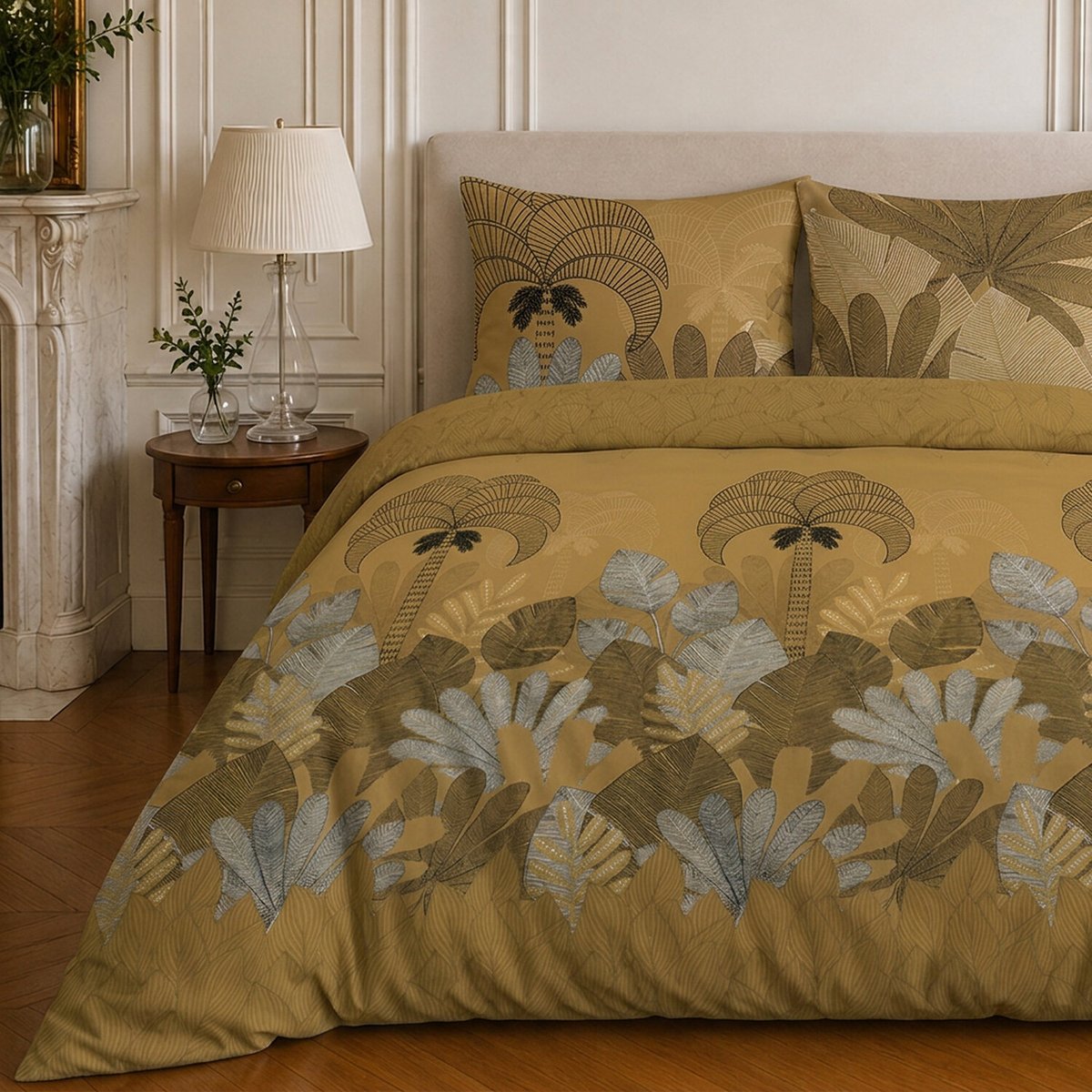 Parure de lit en microfibre motif tropical, THE PALM ocre, C DESIGN HOME TEXTILE