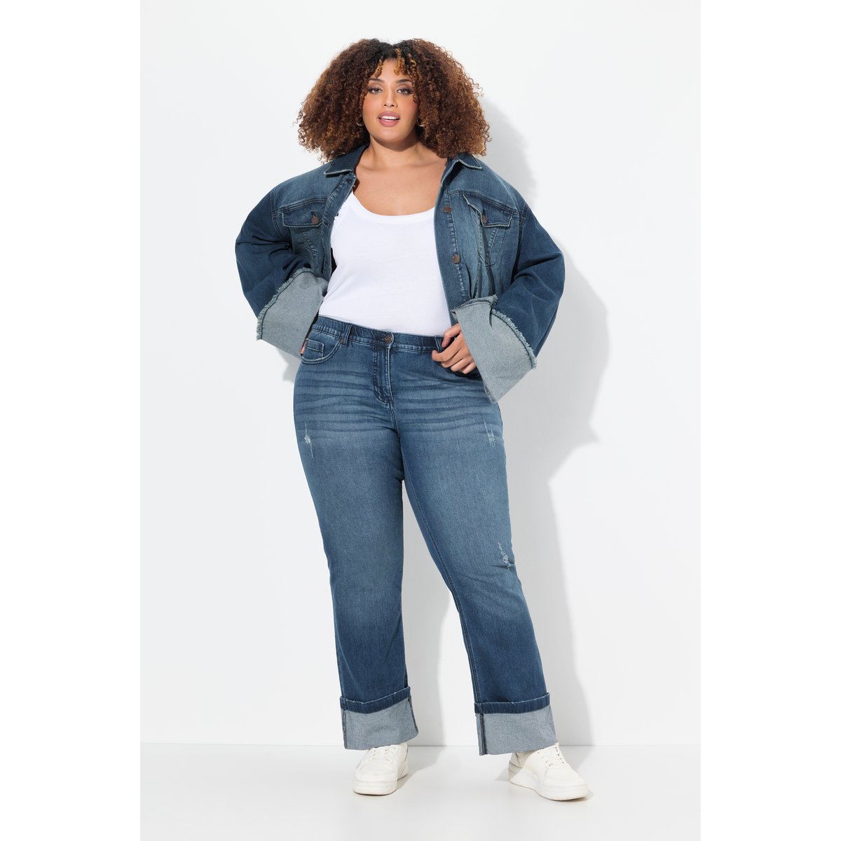 Jean 7/8 Mary, jambe large, détails destroy bleu jean, ULLA POPKEN