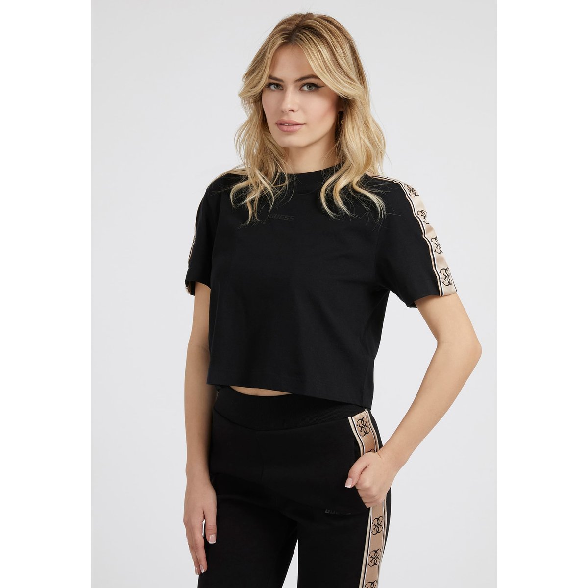 T-Shirt Court À Logo En Bande noir, GUESS