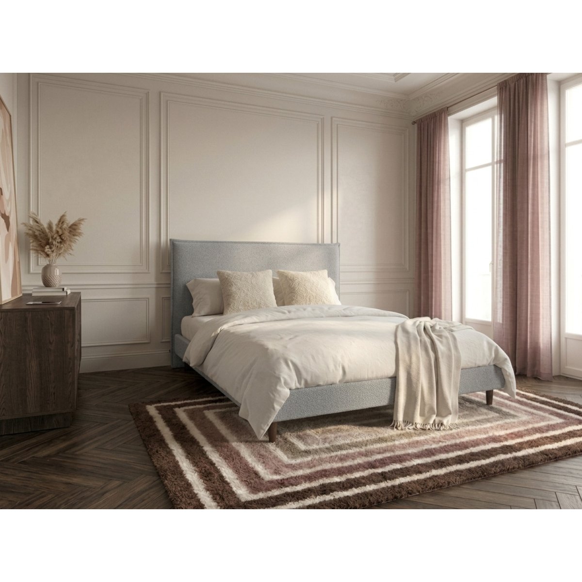 Lit bois revêtement tissu, SARY gris, BOBOCHIC