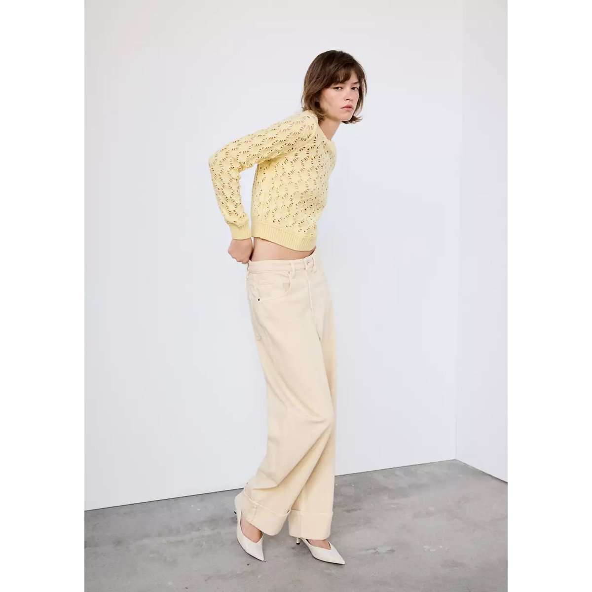 Pull en maille ajourée vanille, MANGO