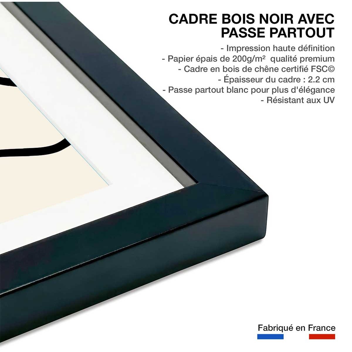 Affiche line art bold III affiche + cadre en bois - noir, HEXOA