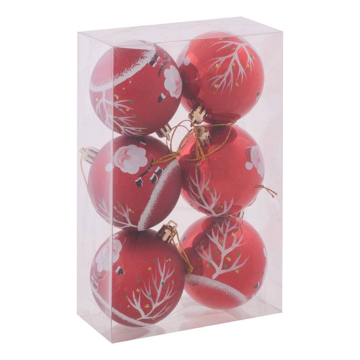 Lot de 6 boules de Noël en plastique rouge et blanc D. 70 mm modèle b, FEERIC LIGHTS & CHRISTMAS