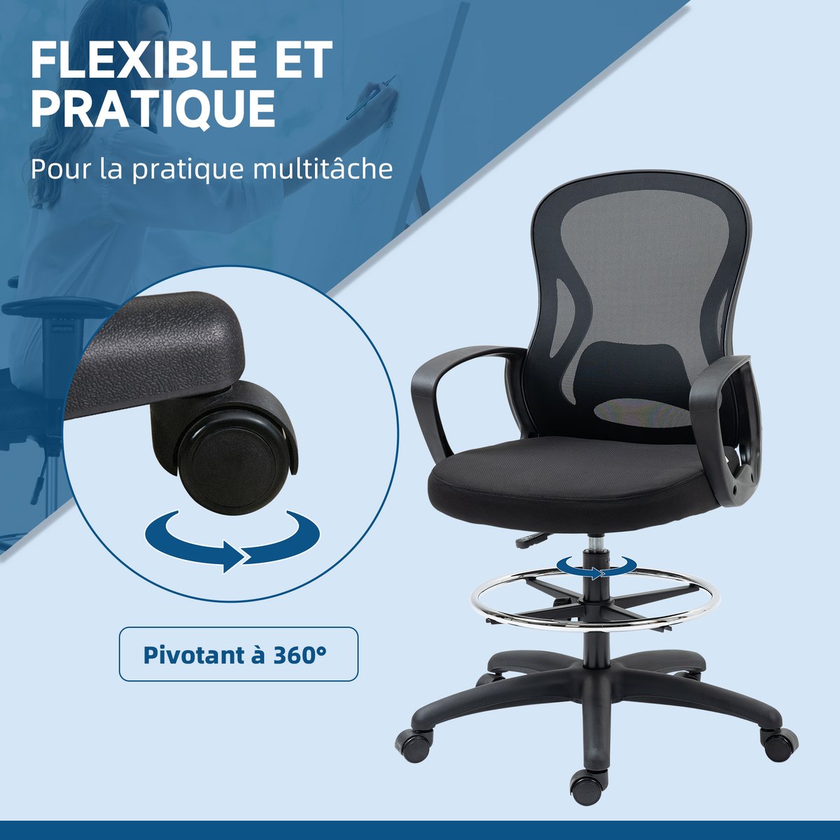 Chaise de bureau pour poste de travail debout noir, HOMCOM