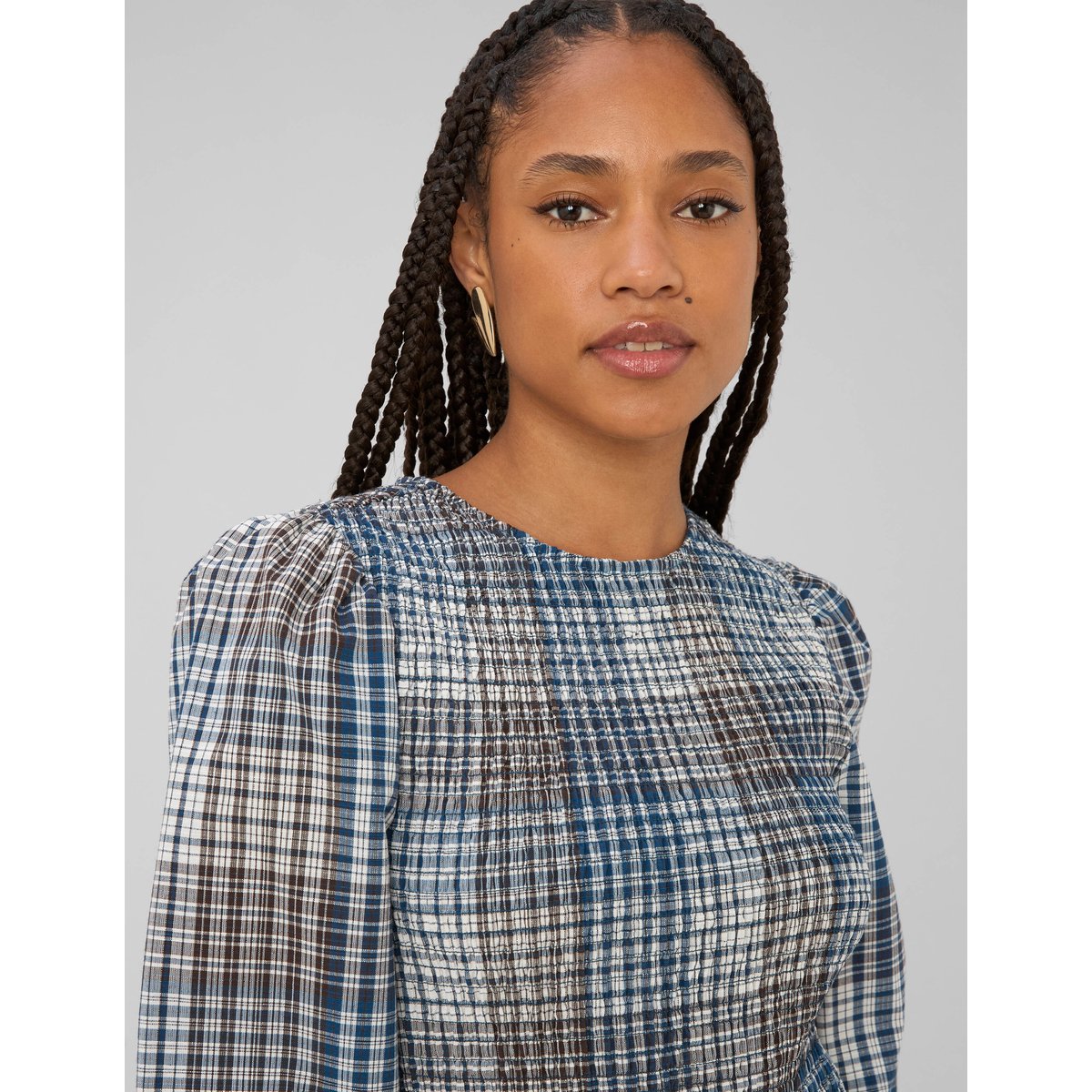 Blouse smockée à carreaux bleu foncé, BZB