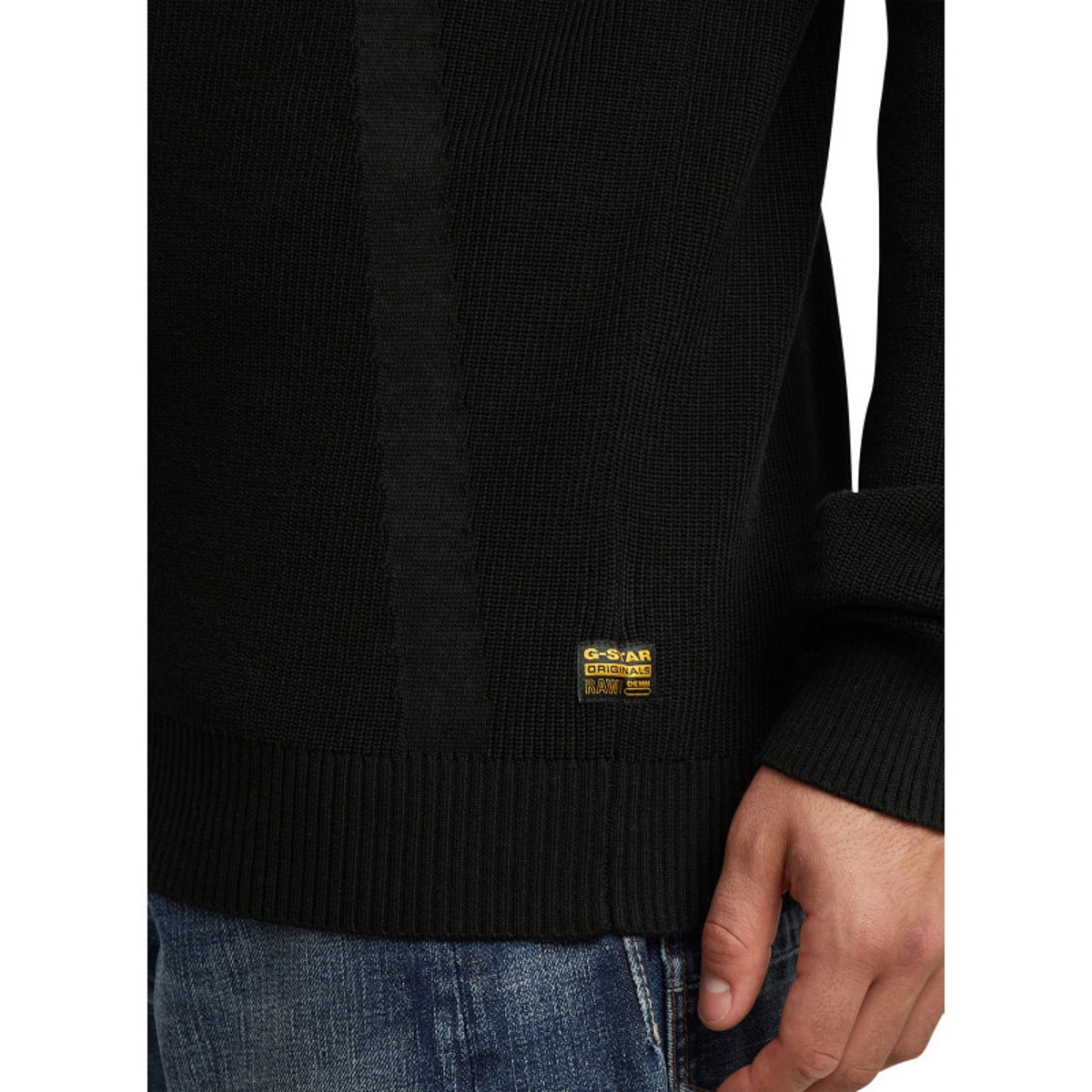 Pull en coton bleu marine en maille côtelée avec un col camionneur noir, G-Star RAW