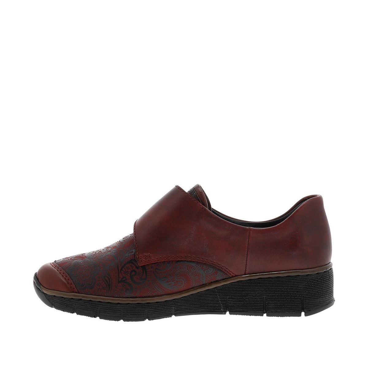 Mocassins en cuir bordeaux à semelle semi-compensé et talon plat avec fleurs noires imprimées bordeaux, RIEKER