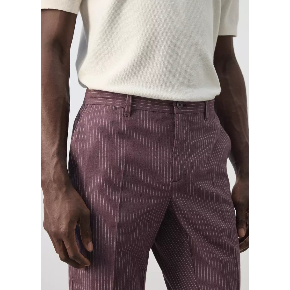 Pantalon lin et coton slim-fit à rayures prune, MANGO MAN