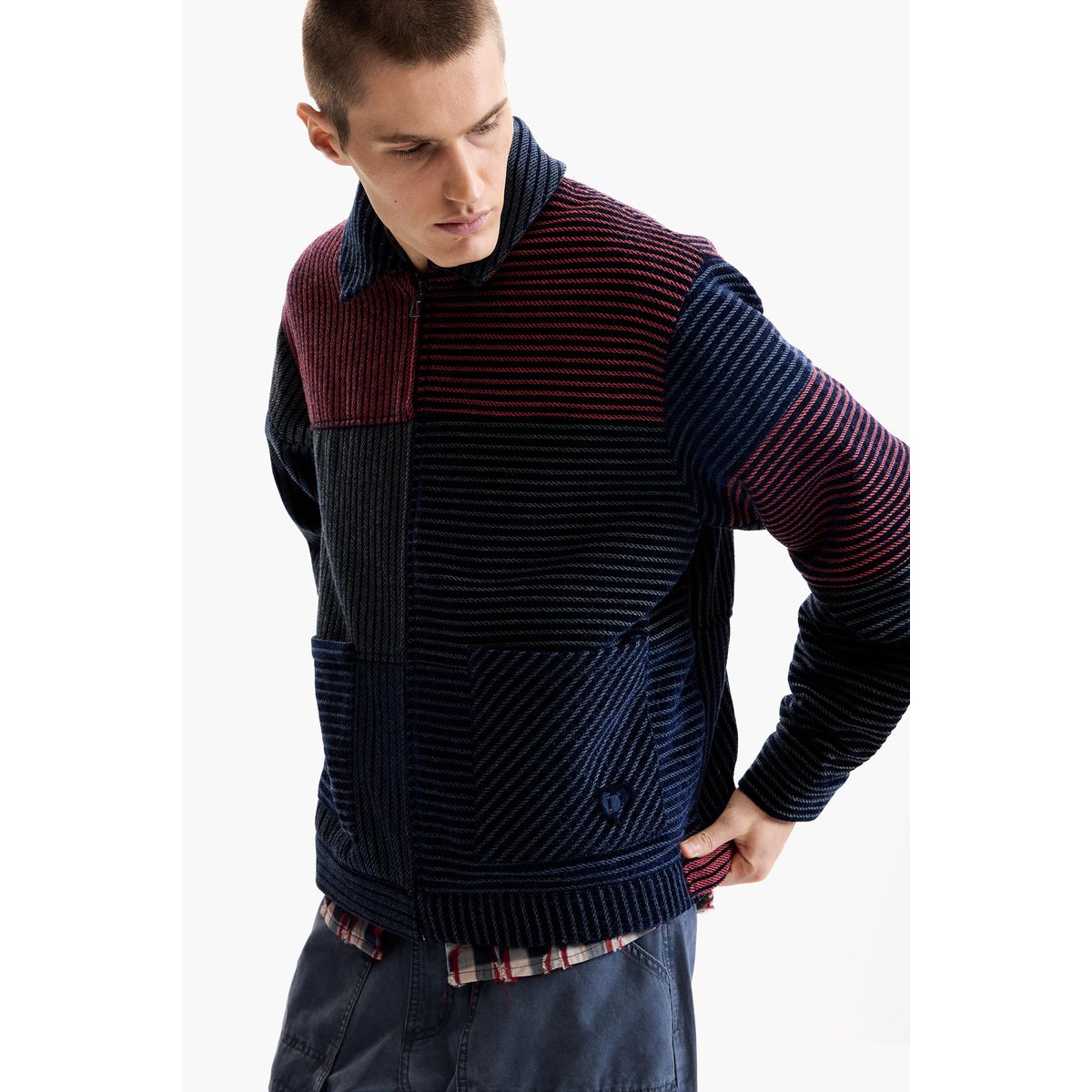 Manteau en chenille à blocs rouge, DESIGUAL
