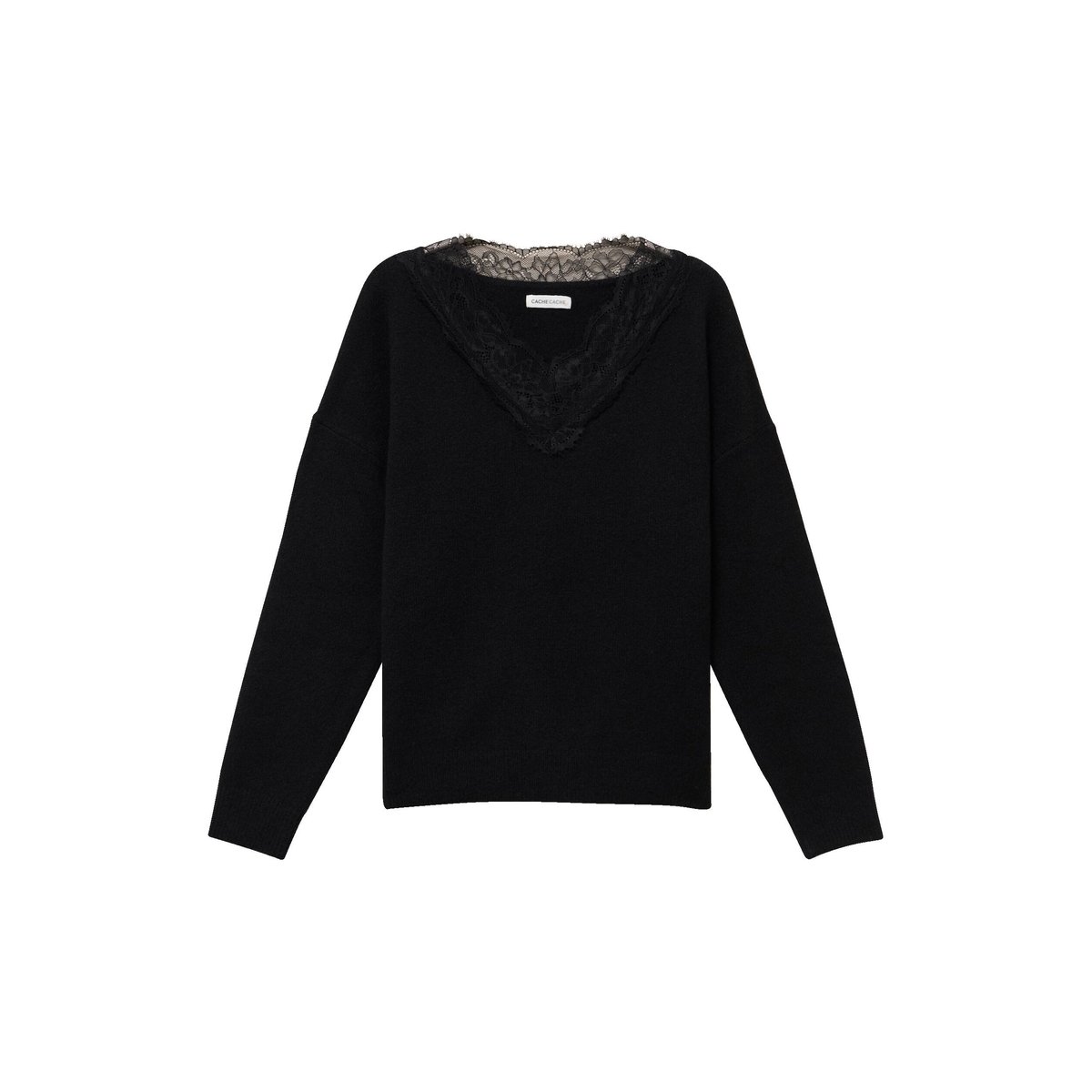 Pull col v manches longues dentelle noir, CACHE CACHE