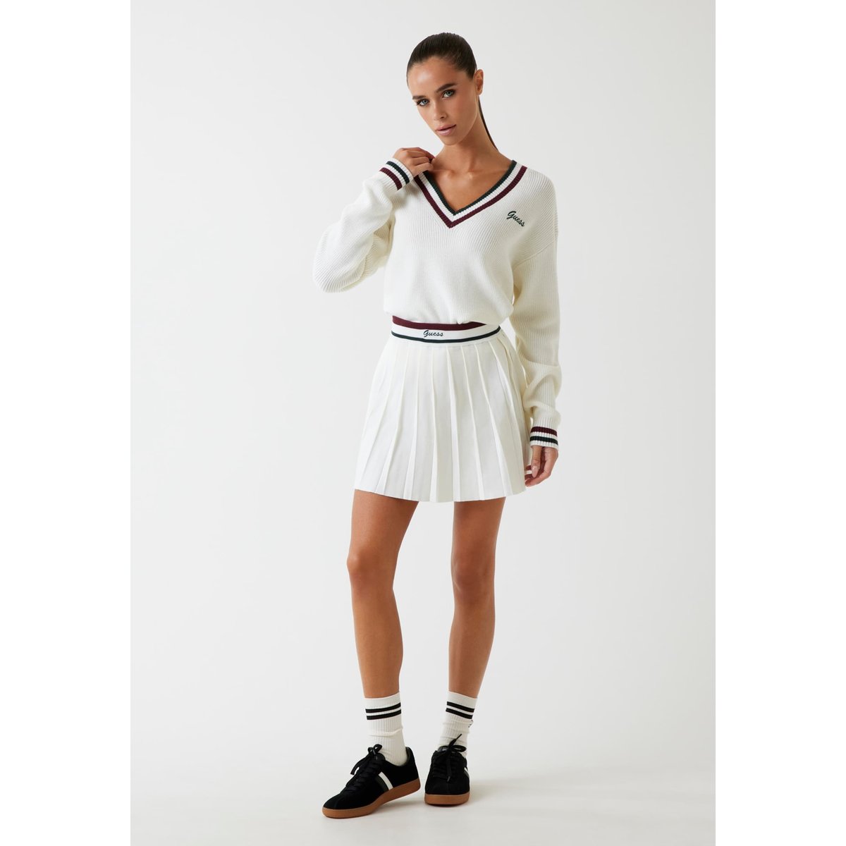 Mini-Jupe Plissée Laine Mélangée crème, GUESS
