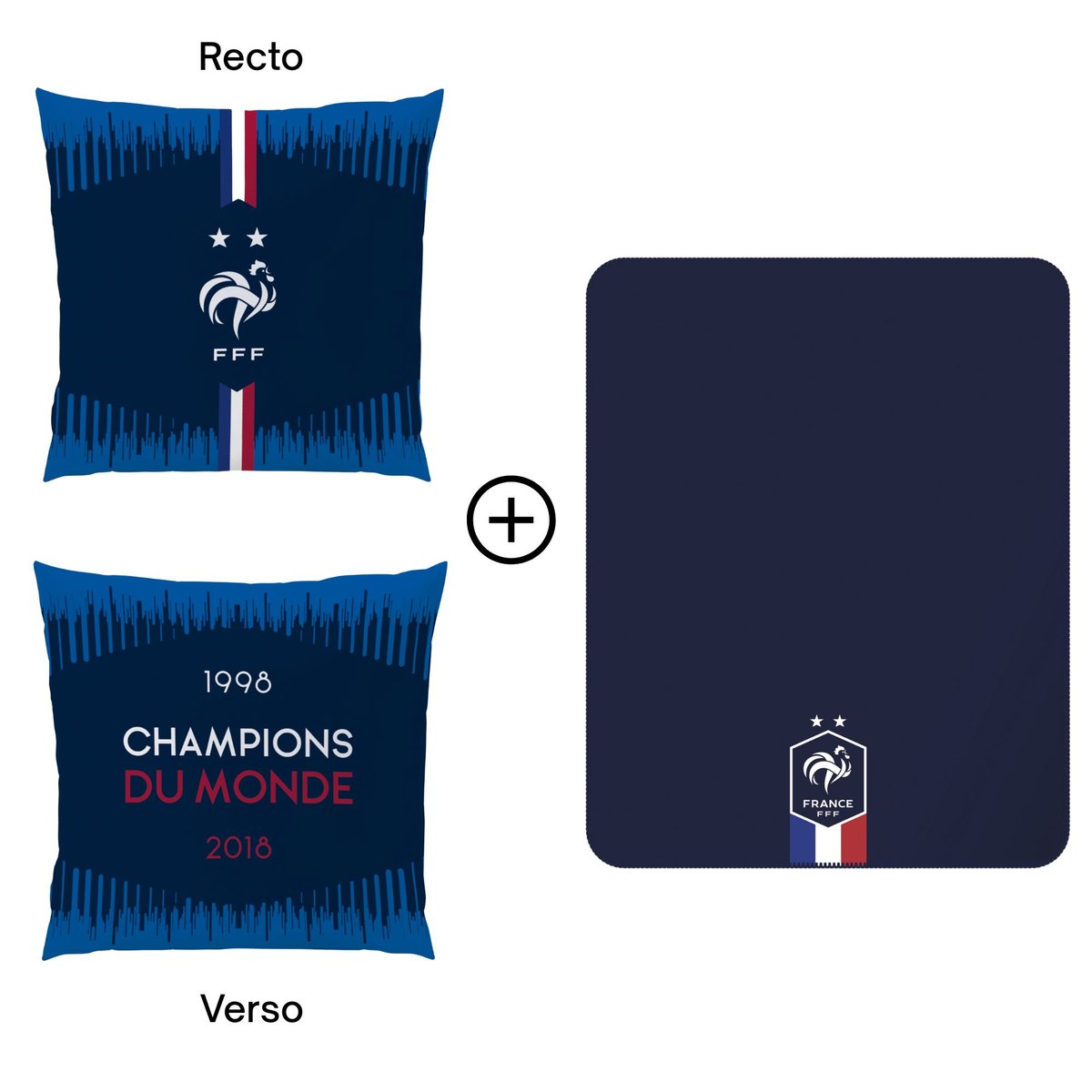 Ensemble Plaid et Coussin, Équipe de France de Football CHAMPIONS bleu, FFF