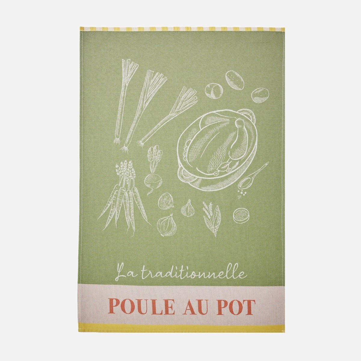 Torchon jacquard L'ART DE LA POULE AU POT vert amande, COUCKE
