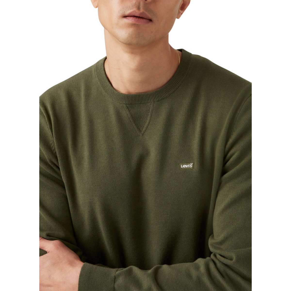 Pull en coton mélangé jaune à coupe droite pourvu d'un col rond kaki, LEVI'S