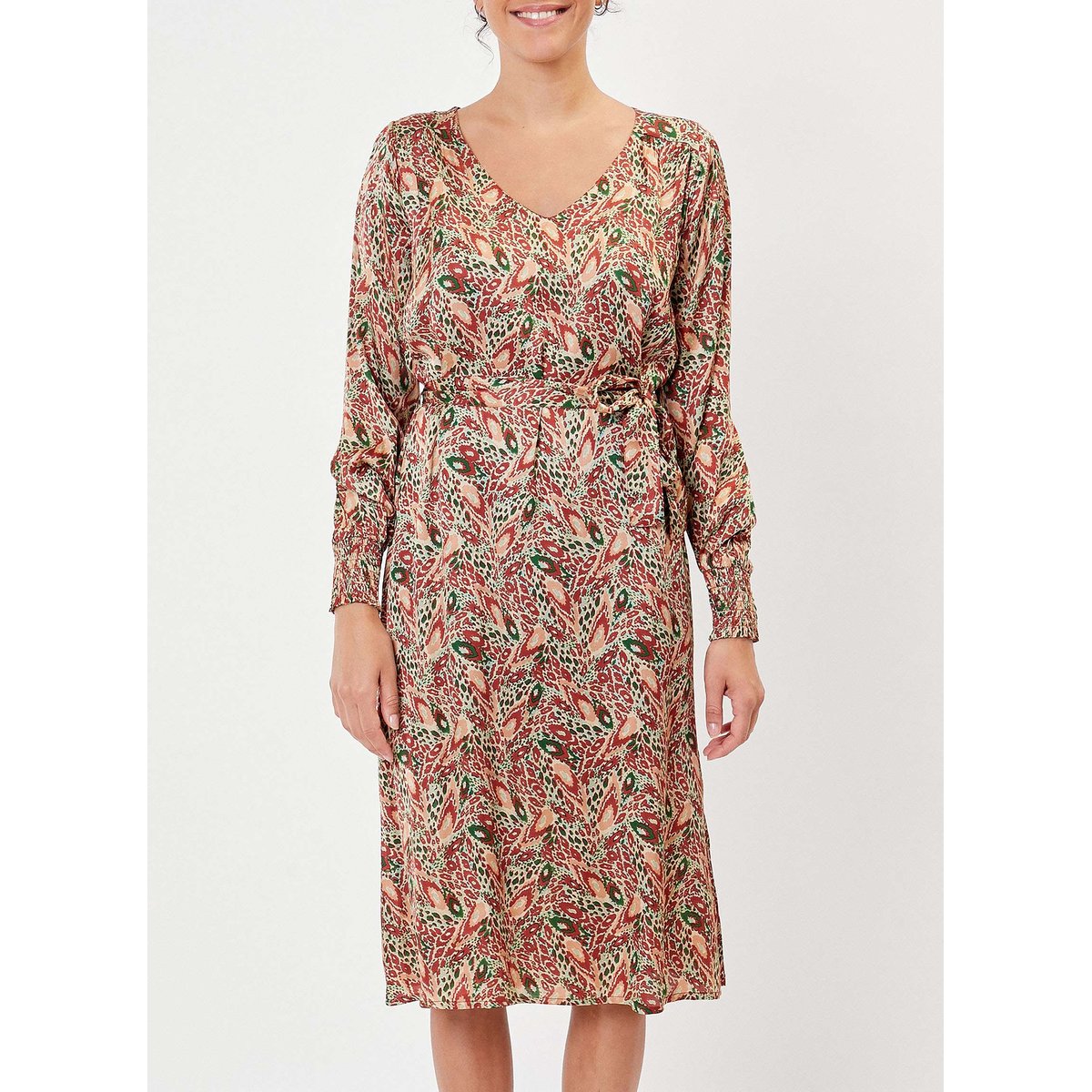 Robe droite midi imprimée LEIRA marron terre cuite, LA FIANCÉE