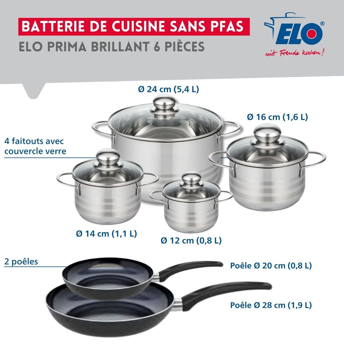 2 poêles 20/28cm + 4 faitouts 12/14/16/24cm PRIMA BRILLANT noir, ELO